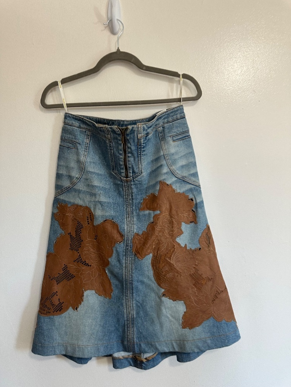 Vintage y2k Robert Cavalli Denim Mermaid Skirt with Leather Patch Detail